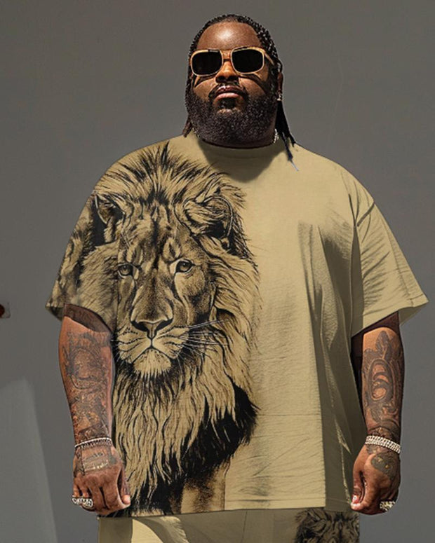 Men's Plus Size 3D Print Lion T-Shirt Shorts Suit