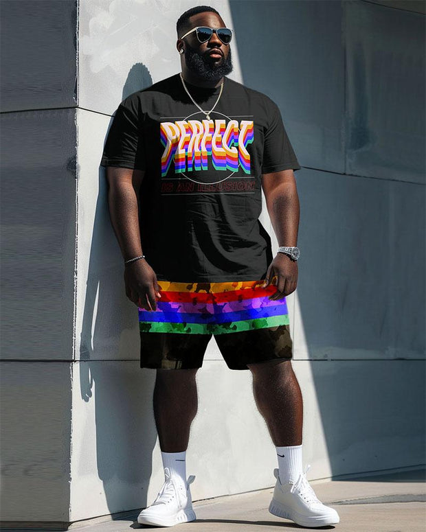 Men's Plus Size Street Casual Color Stripe Perfect Letter Print T-Shirt Shorts Suit