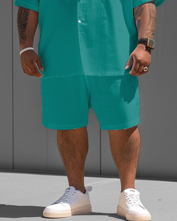 Men's Plus Size Simple Green Solid Color Short Sleeve Shirt Shorts Suit