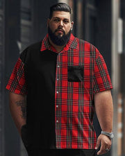 Men's Plus Size Simple Plaid Patchwork Printed Short-sleeved Shirt Suit