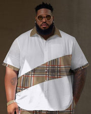 Men's Large Size Casual Retro Color Block Plaid Classic Street Short Shirt Shorts Suit