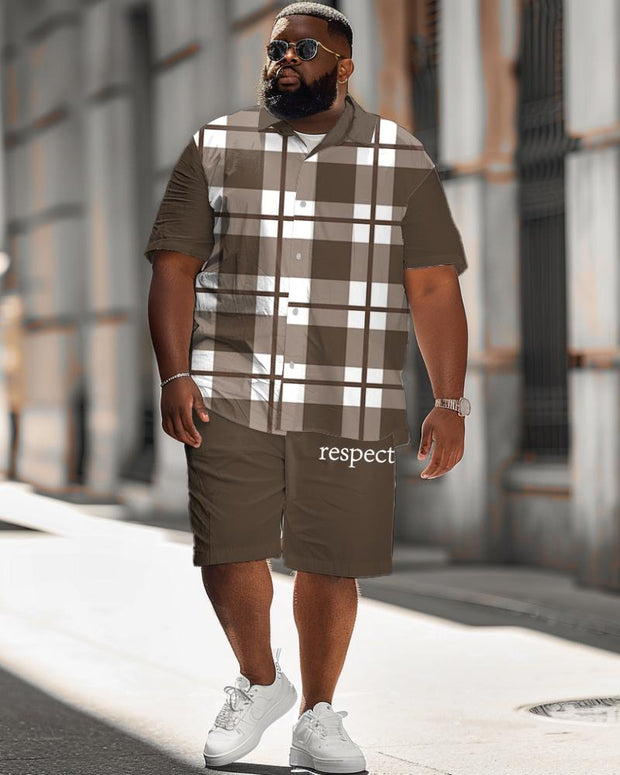 Men's Plus Size Classic Plaid Letter Pattern Patchwork Short Sleeve Shirt Shorts Suit