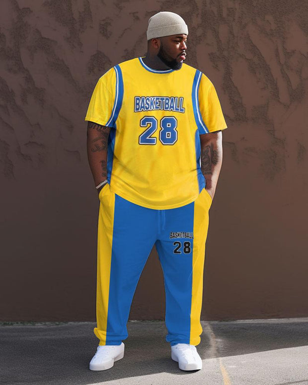 Men's Large Street Retro Sports Color Matching Basketball Hip-Hop Casual Two-piece Set