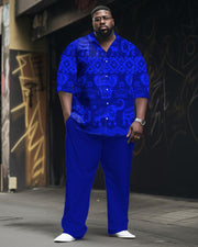 Men's Plus Size Classic Blue Plaid Long Sleeve Lapel Shirt 2 Piece Set