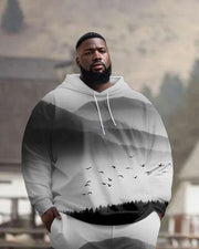 Men's Street Fashion Simple Mountain and Wild Ink Painting Plus Size Hoodie Suit