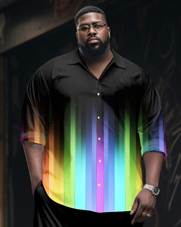 Men's Plus Size Street Fashion Rainbow Striped Long Sleeve Shirt Trousers Suit