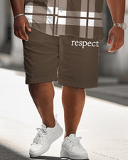 Men's Plus Size Classic Plaid Letter Pattern Patchwork Short Sleeve Shirt Shorts Suit