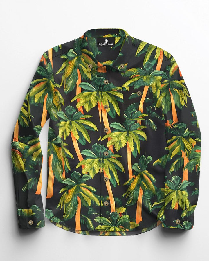 Tropical Rainforest Cotton Patch Pocket Long Sleeve Lapel Shirt