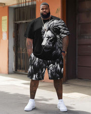 Men's Plus Size Street Casual Black And White Art Lion Print T-Shirt Shorts Suit