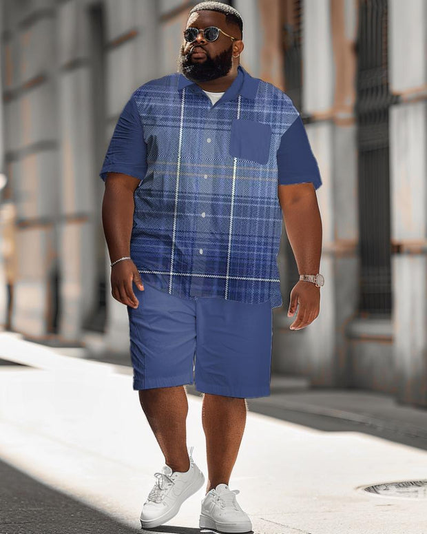 Men's Plus Size Classic Plaid Short Sleeve Shirt Shorts Suit