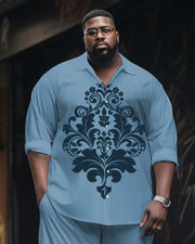 Men's Plus Size High-grade Same Color Retro Pattern Printed Long Sleeve Lapel Shirt 2-piece Set