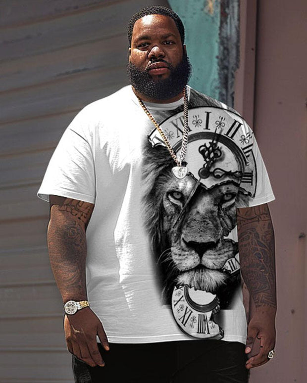 Men's Plus Size Street Casual Clock Lion Print T-Shirt Shorts Suit