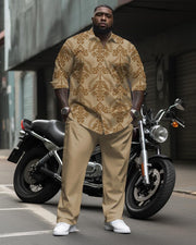 Men's Plus Size High-grade Same Color Retro Pattern Printed Long-sleeve Lapel Shirt 2-piece Set