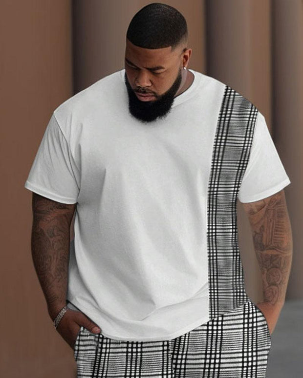 Men's Large Casual Colorblock Plaid T-shirt Trousers Suit
