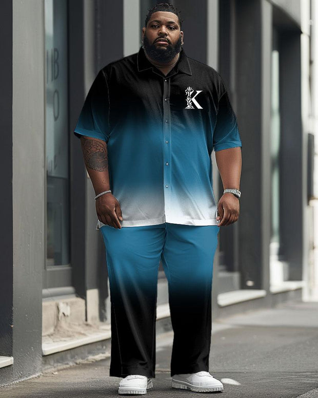 Men's Plus Size Business Simple Gradient K Letter Printing Short Sleeve Shirt Suit
