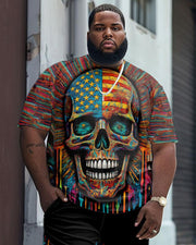 Men's Plus Size Street Casual Color Flag Skull Print T-Shirt Shorts Suit