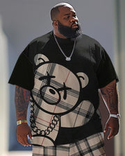 Men's Large Casual Bear Print T-Shirt Pants Suit