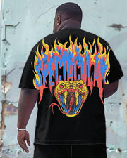 Front And Back Printed Flaming Letter T-Shirt Shorts Suit Men's Plus Size