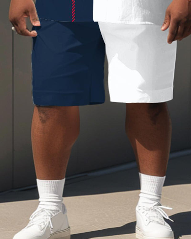 Men's Plus Size Classic Plaid Stitching Print Short Sleeve Shirt Shorts Suit