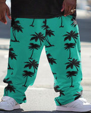 Men's Plus Size Hawaiian Patchwork Palm Leaf Print T-Shirt Pants Suit