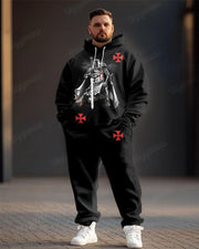 Men's Street Fashion Black Knight Print Plus Size Hoodie Suit