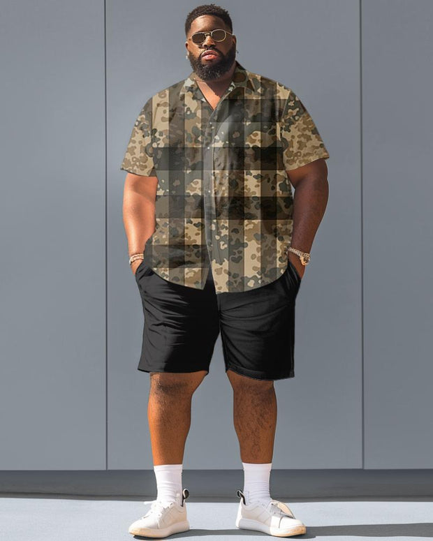 Men's Plus Size Camouflage Plaid Short Sleeve Shirt Shorts Suit
