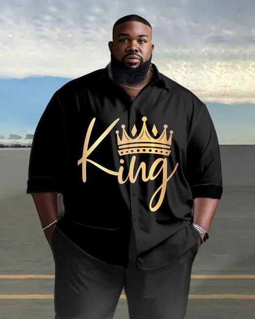 Men's Plus Size Golden King Gradient Color Long Sleeve Lapel 2 Shirt Set