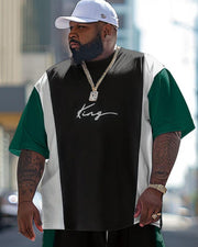 Men's Large Casual Color-block King Alphabet Print T-shirt Trousers Suit