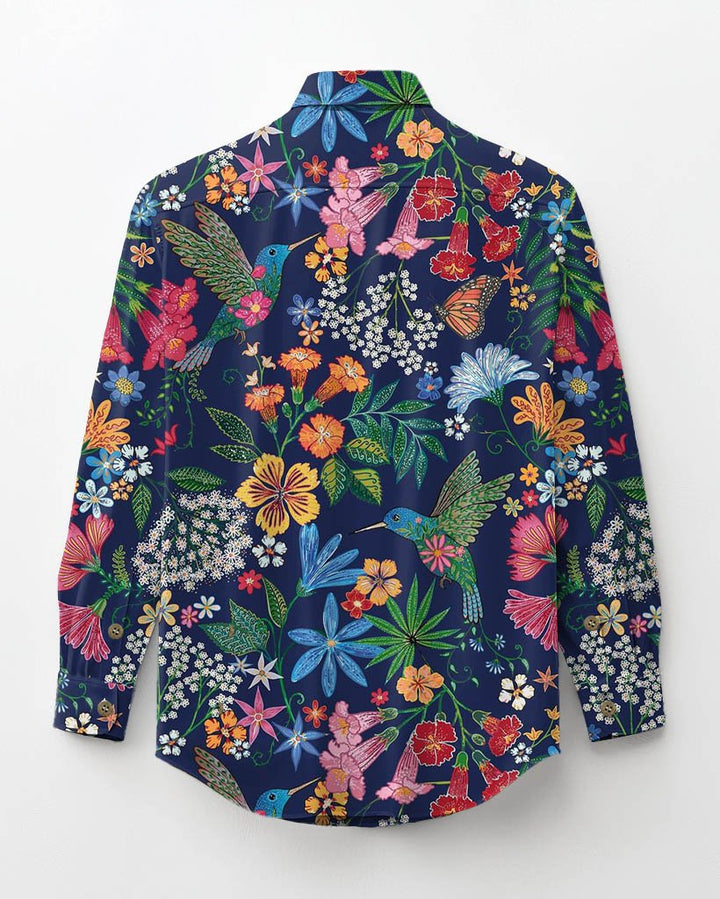 Colorful Garden Cotton Men's Patch Pocket Long Sleeve Lapel Shirt