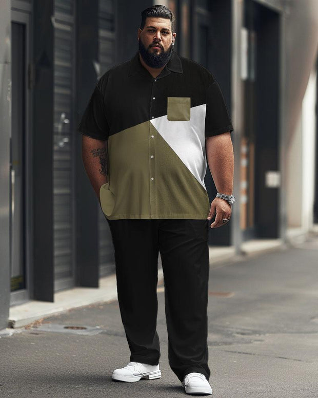 Men's Plus Size Simple Color Matching Printing Pocket Short Sleeve Shirt Suit