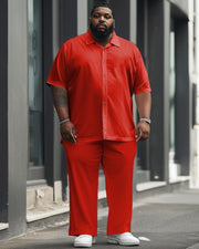 Men's Plus Size Solid Color Red Short Sleeve Shirt Trousers Suit