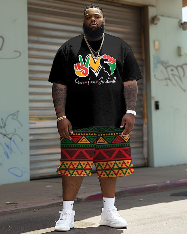 Men's Plus Size Juneteenth Peace And Love Print T-Shirt Shorts Suit