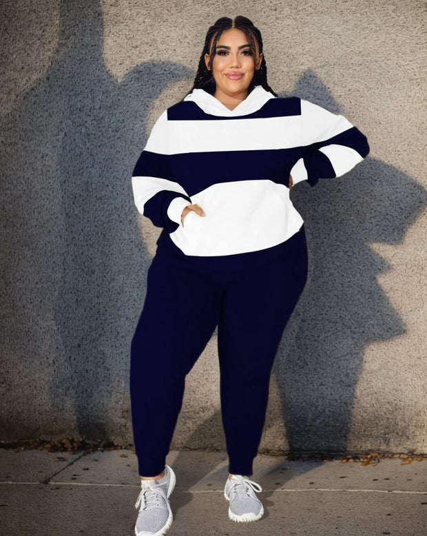 Women's Plus Size Navy Blue Large Stripes Hoodie Set