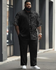 Men's Plus Size Business Simple Art Wave Print Short Sleeve Shirt Trousers Suit