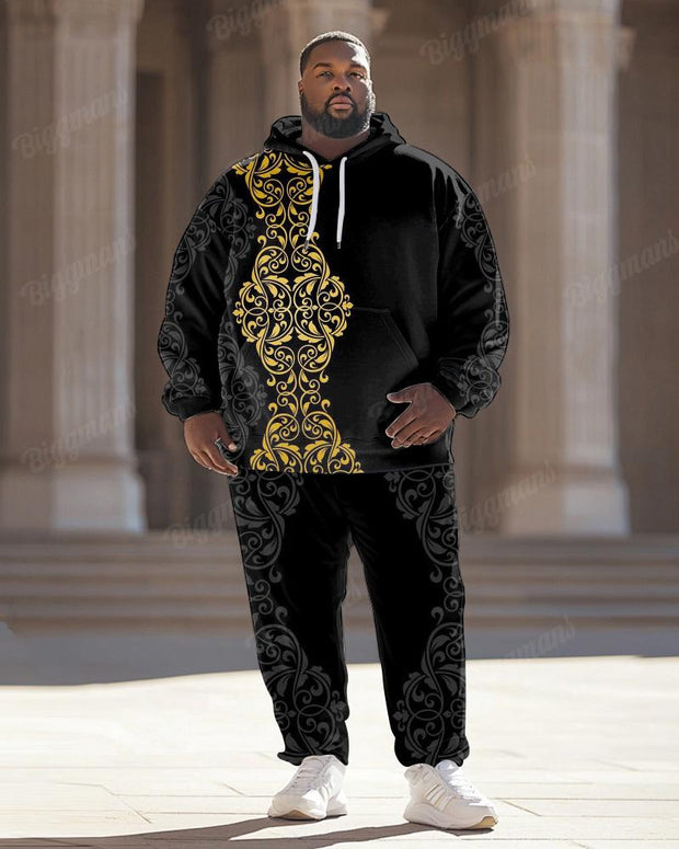 Men's Classical Retro Stitching Pattern Black Plus Size Hoodie Suit