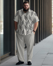 Men's Plus Size Simple Leaf Line Printing Short Sleeve Shirt Trousers Suit
