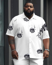 Men's Plus Size Business Flower Print Short Sleeve Shirt Trousers Suit