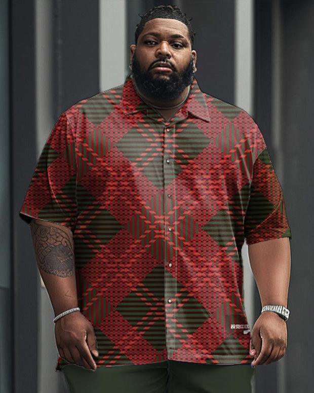 Men's Plus Size Business Casual Classic Red Green Diamond Pattern Short Sleeve Shirt Trousers Suit