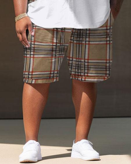 Men's Large Size Casual Retro Color Block Plaid Classic Street Short Shirt Shorts Suit
