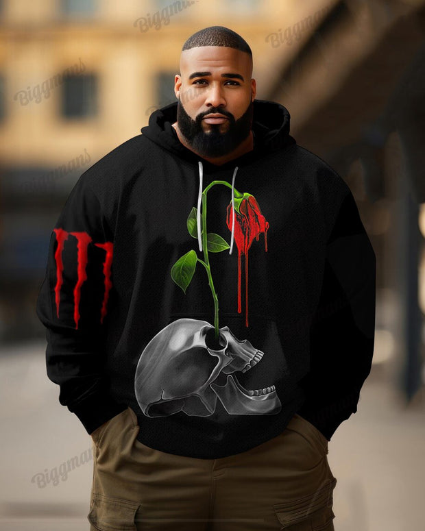 Men's Plus Size Fashion Street Red Rose Skull Print Long Sleeve Hoodie