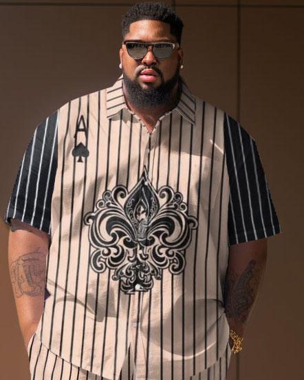 Men's Large Size Casual Striped Poker Retro Elegant Street Short Shirt Shorts Suit