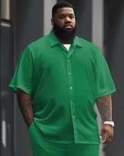 Men's Plus Size Solid Color Green Short Sleeve Shirt Trousers Suit