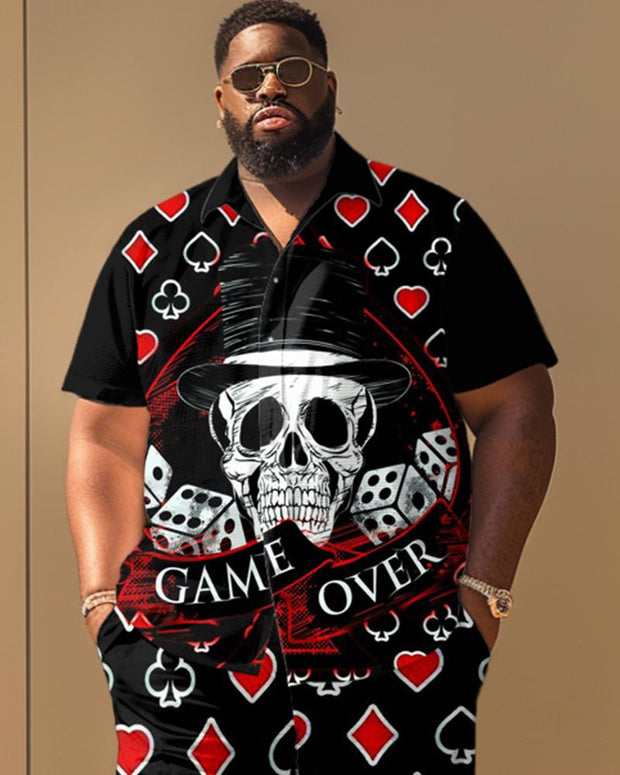 Skull Poker Card Short Sleeve Shirt Large Size Men's Suit