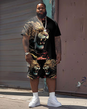 Men's Plus Size Street Casual Color Painting Lion Print T-Shirt Shorts Suit