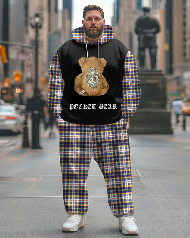 Street Fashion Bear Plaid Pattern Printed Plus Size Hoodie Suit