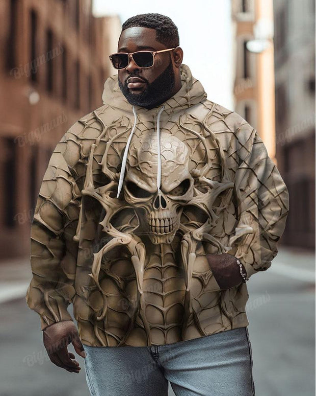 Men's Plus Size Street Fashion Apricot 3D Skull Print Hoodie