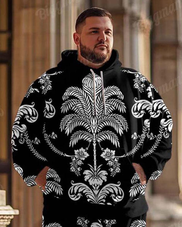 Men's Classical Floral Pattern Black Plus Size Hoodie Suit