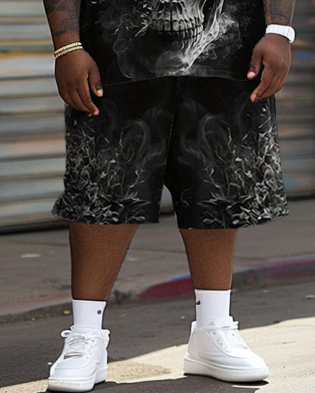 Men's Plus Size Casual Smoke Skull Print T-Shirt Shorts Suit