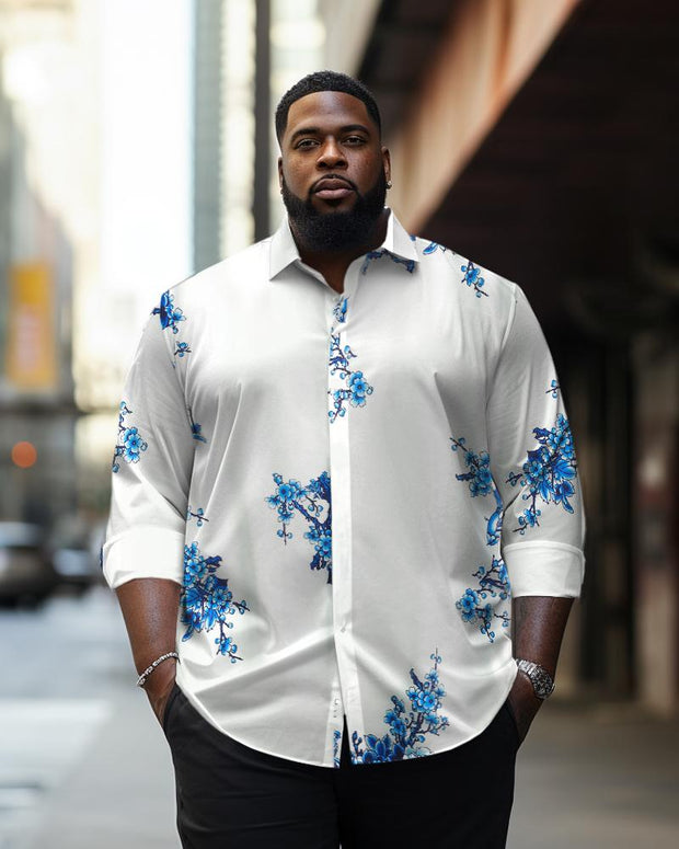 Men's Plus Size Casual Blue Flower Long Sleeve Lapel Long Sleeve Shirt
