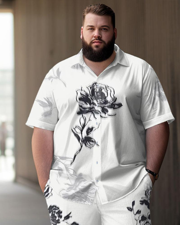 Men's Plus Size Casual Phantom Rose Print Short Sleeve Shirt Trousers Suit